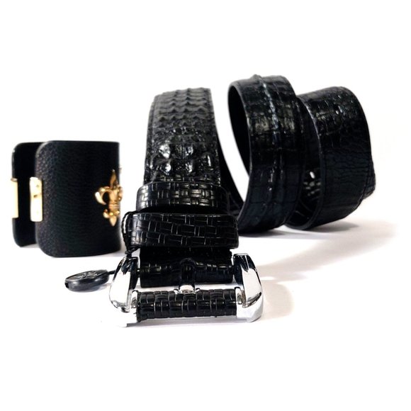 evgothicjewelry Crocodile Embossed Black Leather Men Women M Belt - Picture 2 of 7